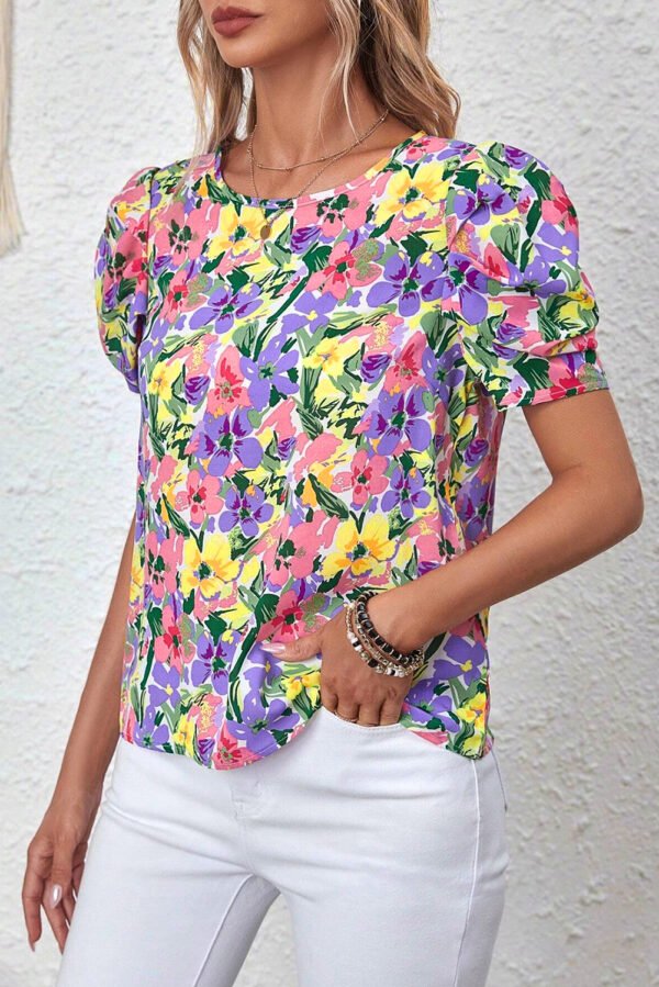 Purple Floral Print Puff Short Sleeve Crew Neck Blouse