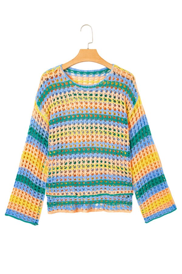 Beau Blue Multi Stripe Open Knit Sweater Beach Cover Up