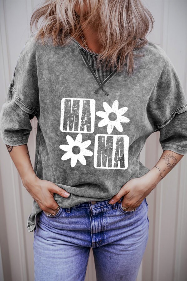 Philippine Gray MAMA Daisy Flower Graphic Mineral Wash Drop Shoulder Vintage Tee