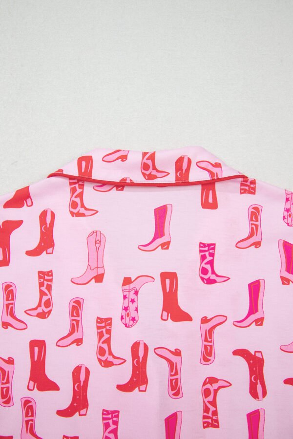 Pink Western Cowgirl Boots Printed Shirt Ruffled Shorts Pajama Set