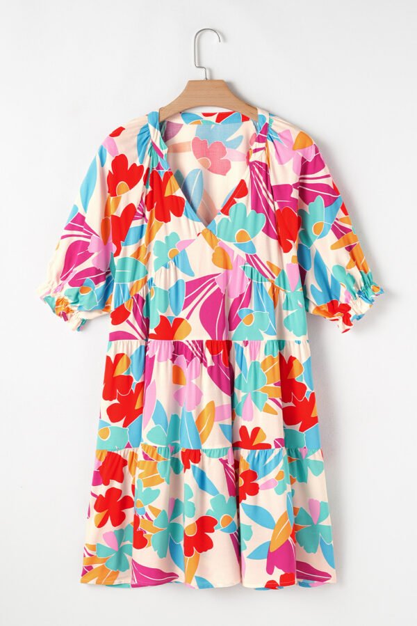 Rose Red Floral Bubble Sleeve V Neck Tiered Ruffle Babydoll Dress