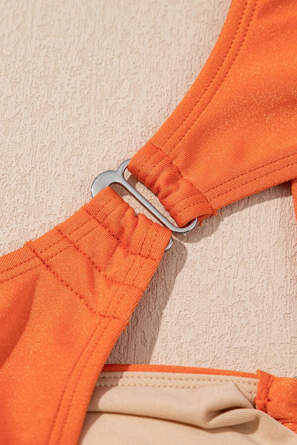 Orange Ruffle Sleeve Tricolor Cutout Front Ring One Piece Swimsuit