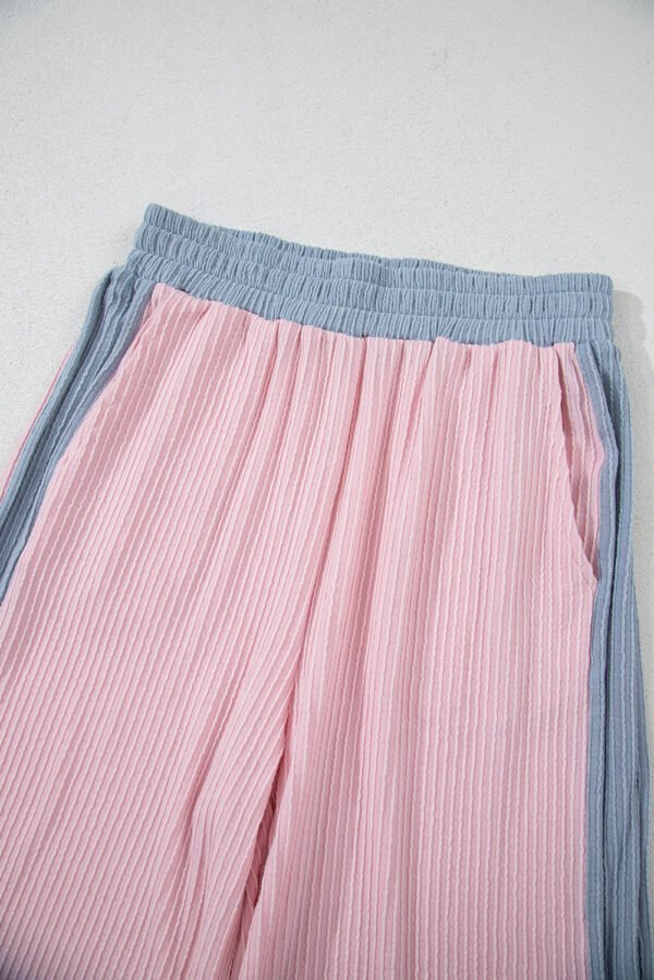 Pink Corded Colorblock Patchwork Short Sleeve Top and Loose Pants Set