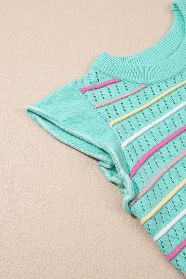 Green Colorful Striped Eyelet Knit Ruffled Sleeve Sweater T Shirt