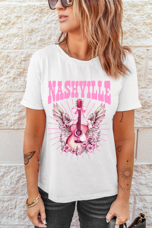 White NASHVILLE Guitar Graphic Music Festival T Shirt
