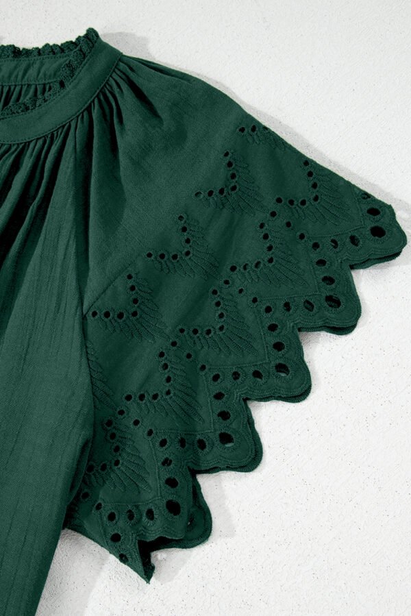 Green Bay Eyelet Embroidered Sleeve Tie V Neck Blouse