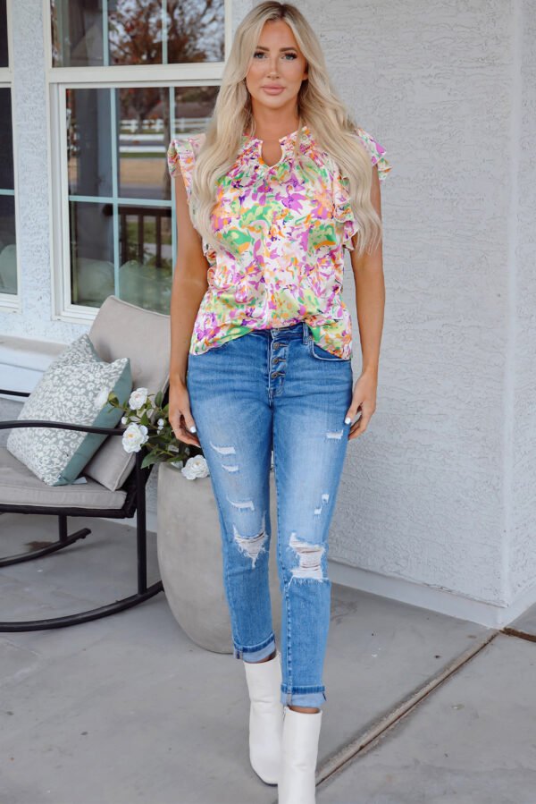 Purple Abstract Printed Ruffled Short Sleeve Notched Neck Blouse