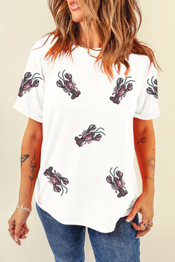 White Sequined Lobster Crewneck Tee