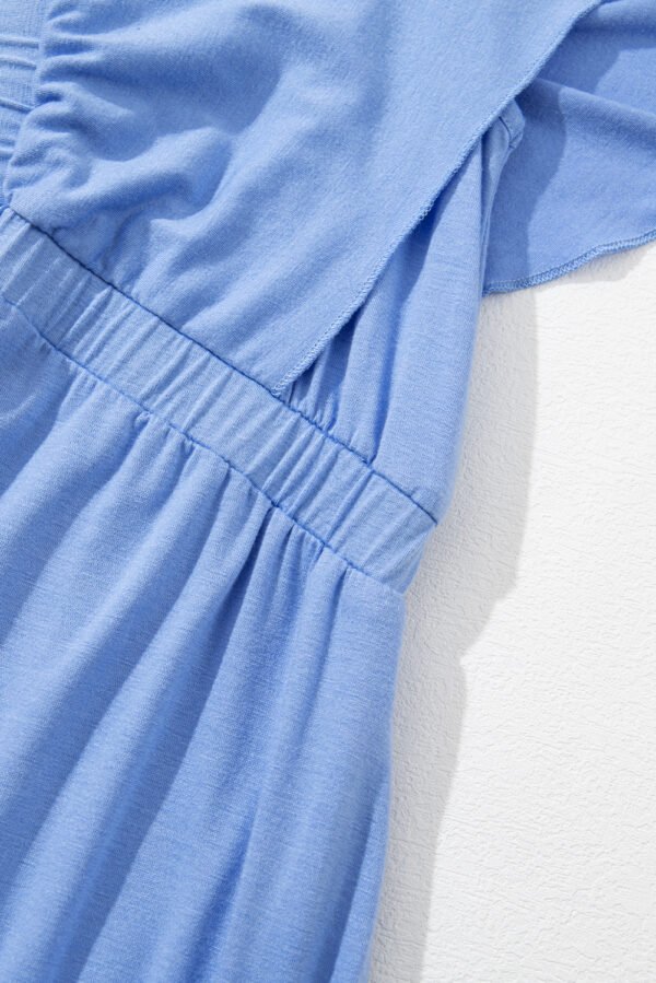 Sky Blue Textured V Neck Flutter Sleeve Ruffled Maxi Dress