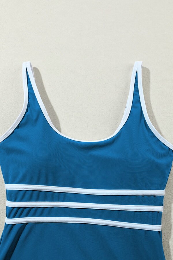Dark Blue Contrast Trim Colorblock U Neck One Piece Swimwear