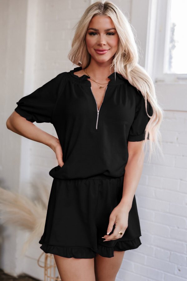 Black Half Zip Puff Sleeve Top and Ruffled Shorts Set
