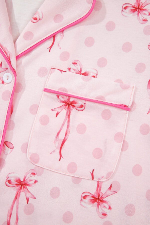 Pink Bow Print Contrast Pipping Short Pajamas Set