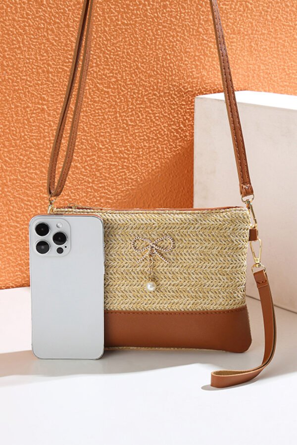 Beige Bow Pearl Decor Straw PU Leather Patched Crossbody Bag