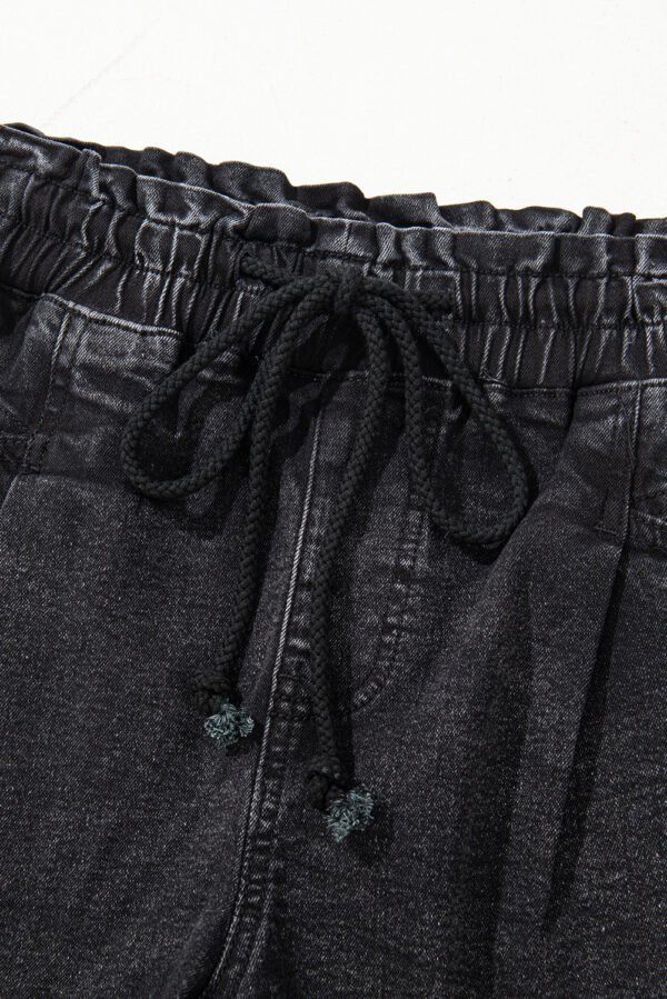Black Drawstring High Waist Casual Denim Shorts with Pockets