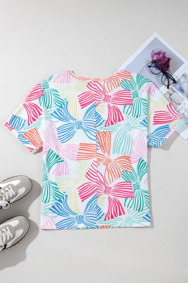 Multicolour Bowknot Printed Waffle Crewneck Loose Short Sleeve Top