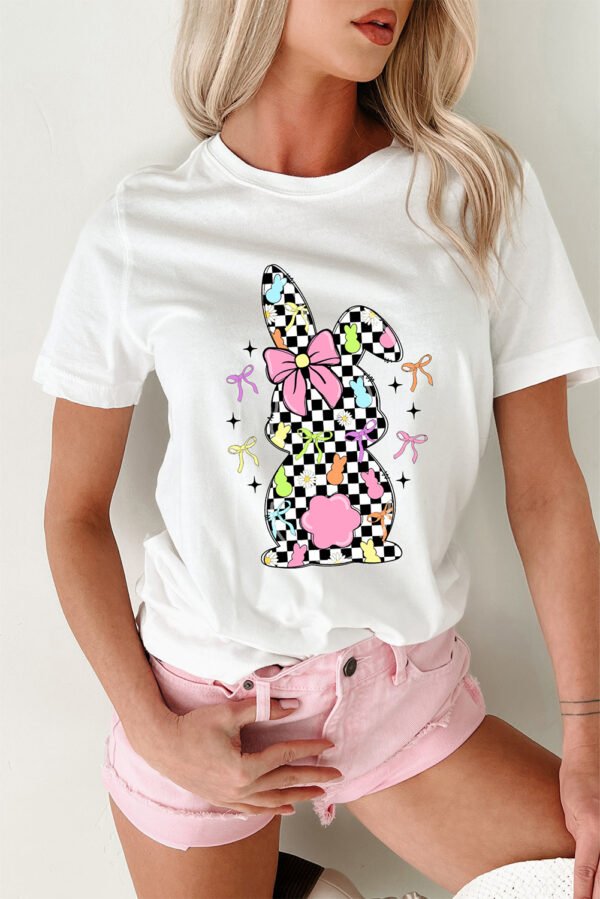 White Bowknot Checkerboard Bunny Graphic Easter T Shirt