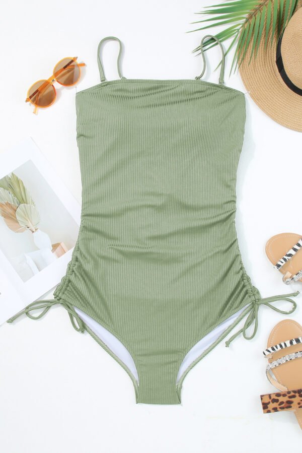 Laurel Green Ribbed Drawstring Sides Cutout One Piece Swimsuit