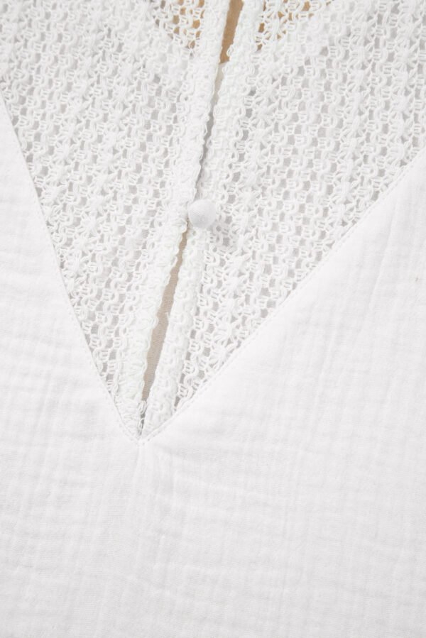 White Lace Crochet Textured Button Back V Neck T Shirt