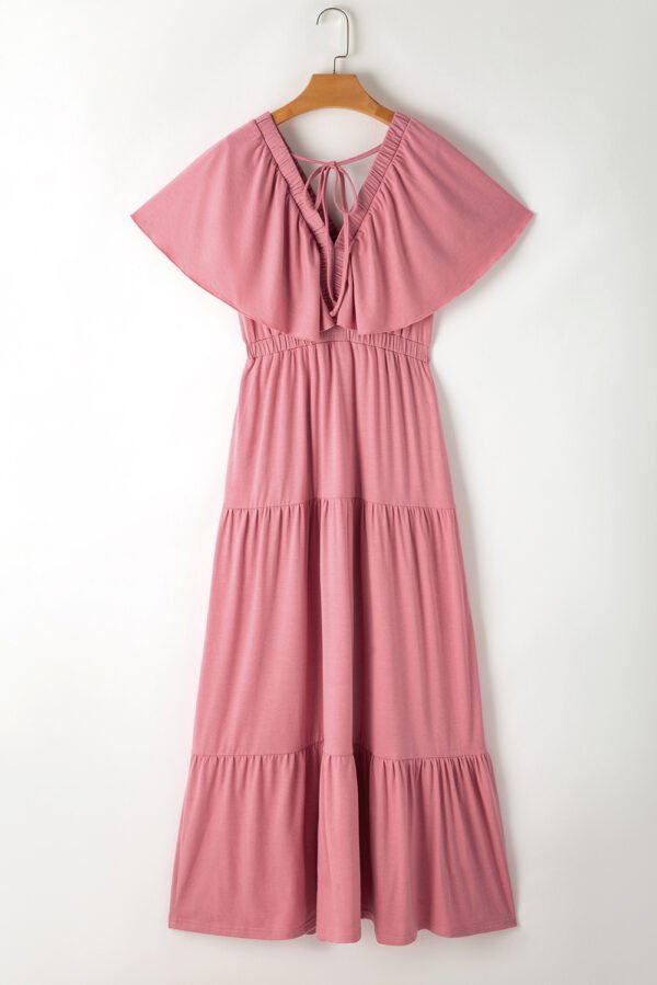 Rose Pink Textured V Neck Flutter Sleeve Ruffled Maxi Dress