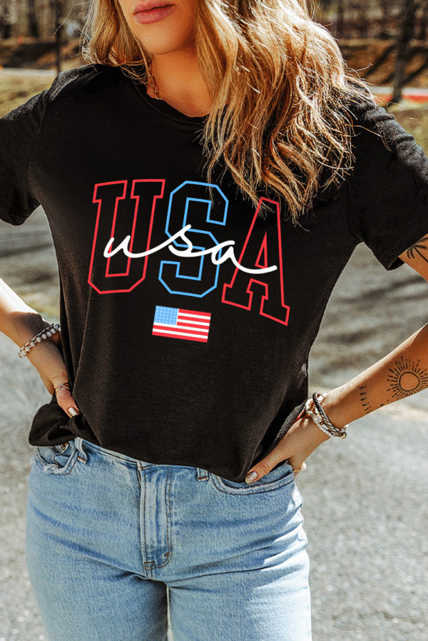 Black USA Letter American Flag Print Casual T Shirt