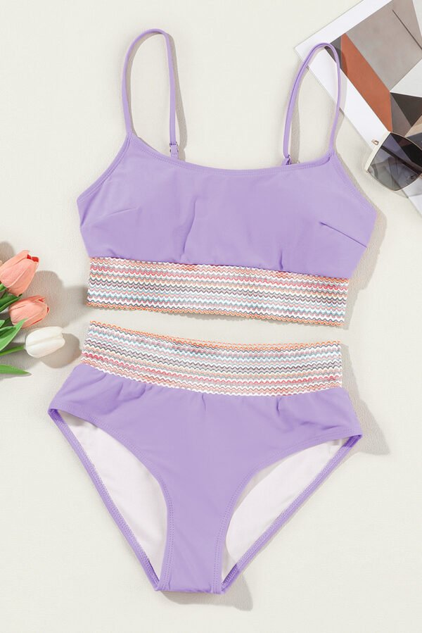 Orchid Petal Striped Patchwork Spaghetti Strap High Waist Bikini Swimsuit