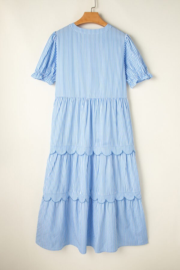 Sky Blue Stripe Bubble Short Sleeve Tiered Scallop Long Dress