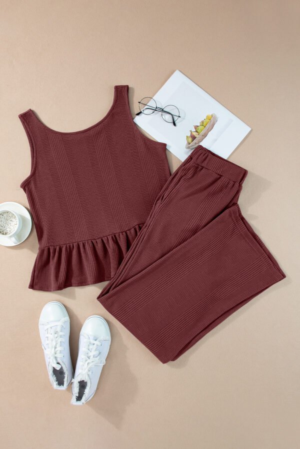 Red Dahlia Solid Color Ribbed Ruffle Tank Top and Pants Set