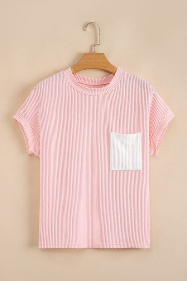 Pink Corded Knit Color Block Pocketed Crew Neck T Shirt