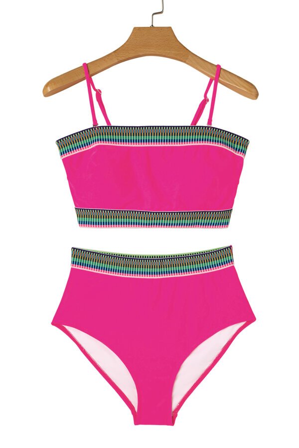 Rose Red Contrast Banding Tube Bikini High Waist 2pcs Swimsuit