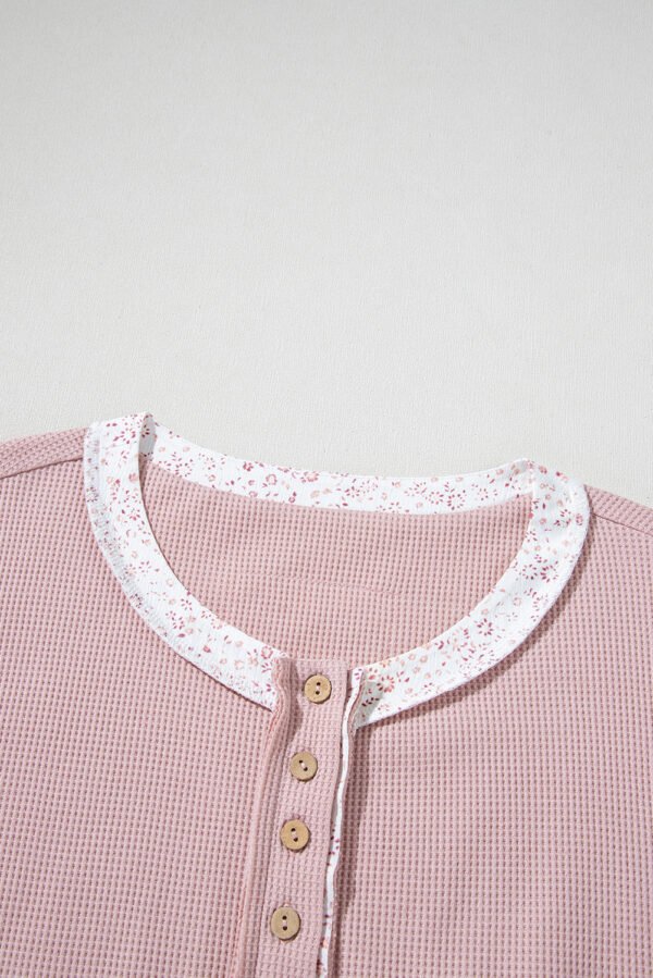 Pink Waffle Floral Patchwork Exposed Seam Detail Short Sleeve Top