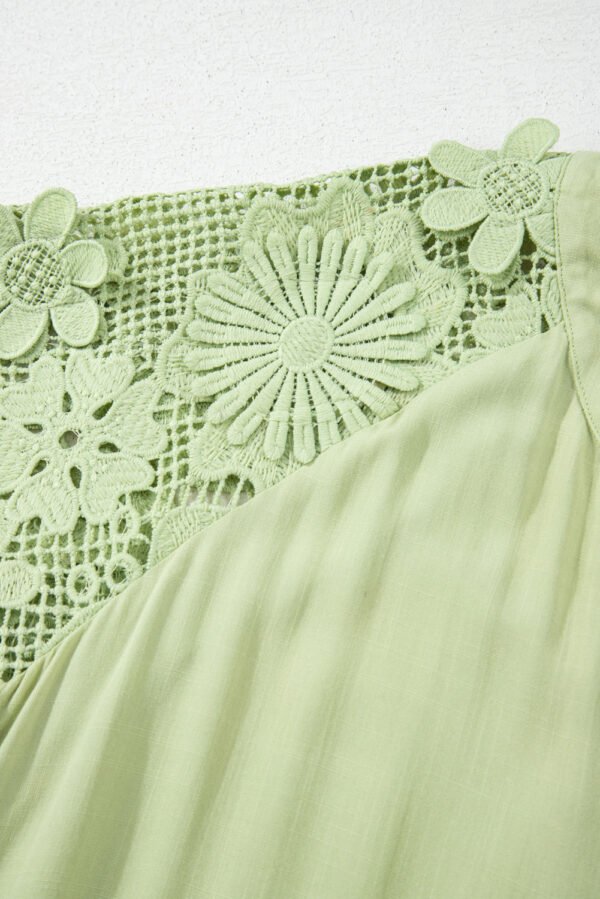 Laurel Green Floral Crochet Short Sleeve Notch V Neck Tiered Plus Size Mini Dress