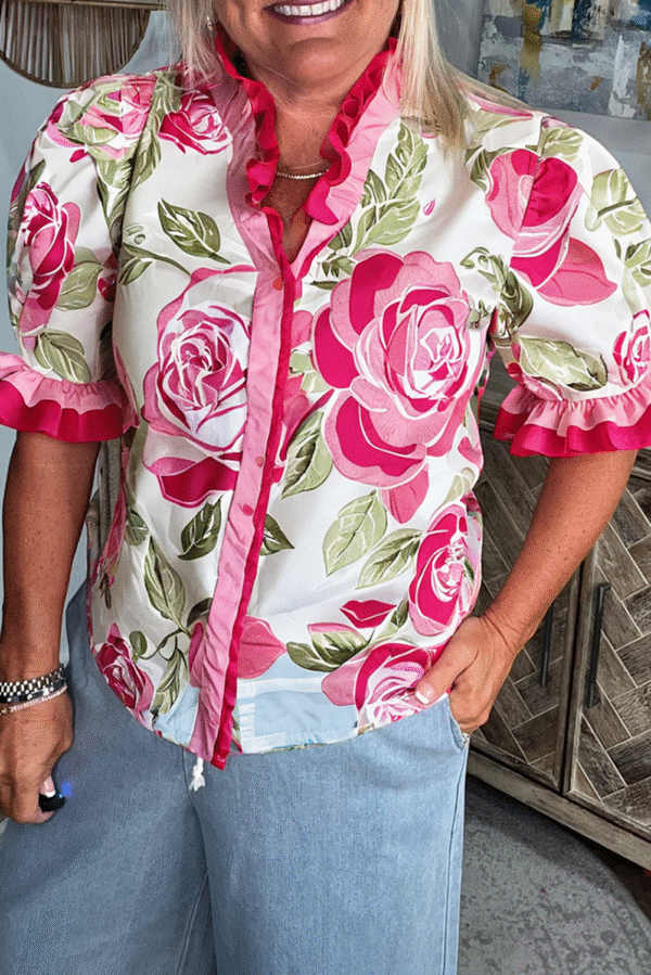 Rose Plus Size Floral Print Frilled Stripes Detail Short Sleeve Blouse