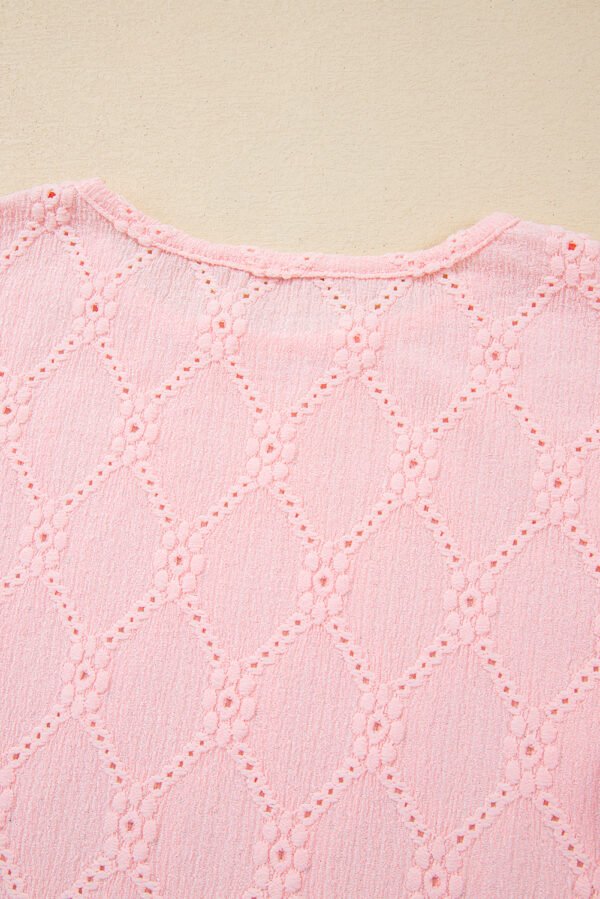 Pink Flower Geometric Textured Button Short Sleeve Top