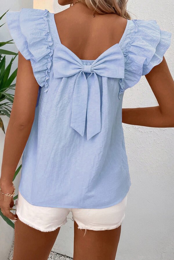 Beau Blue Textured Bow Knot Frilled Butterfly Sleeve Blouse