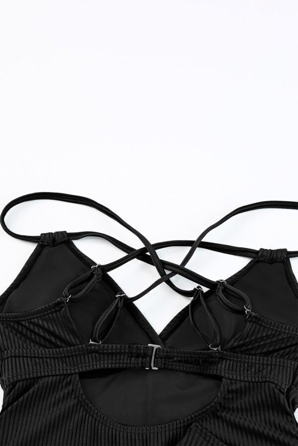 Black Ribbed Dual Crisscross Straps Cut-Out Back Tankini Suit
