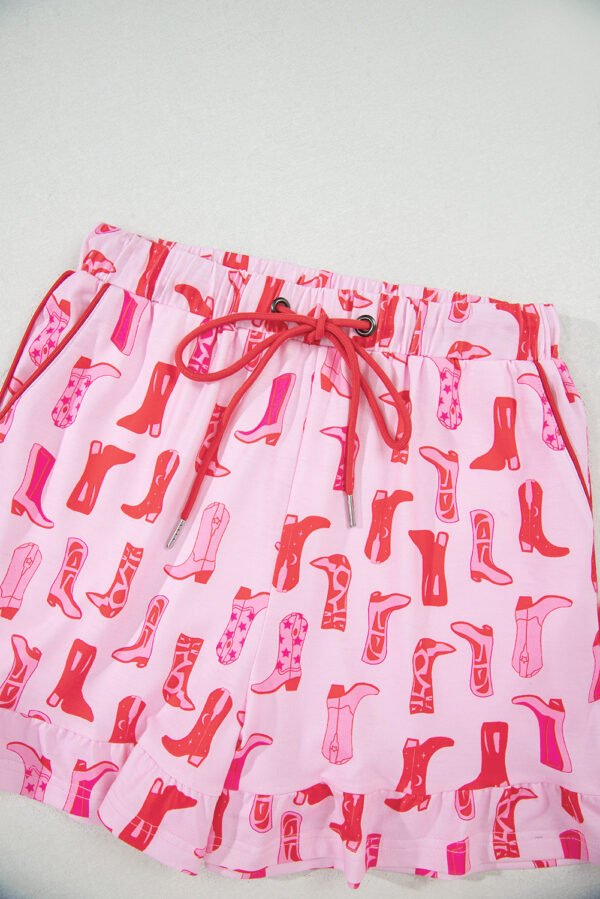 Pink Western Cowgirl Boots Printed Shirt Ruffled Shorts Pajama Set