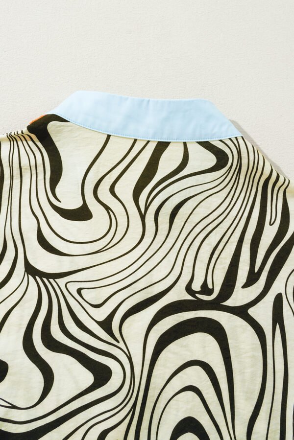 White Zebra Stripe Print Contrast V-Neck Ricrac Detail Short Sleeve Blouse Top