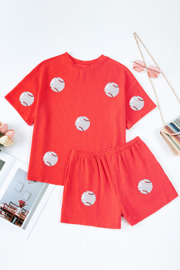 Orange Baseball Patched Twisted Rib T Shirt and Shorts Set