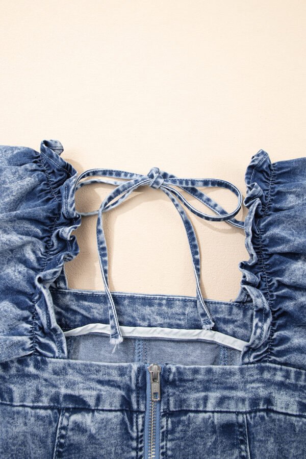 Blue Frilly Square Neck Bustier Puff Sleeve Short Denim Dress