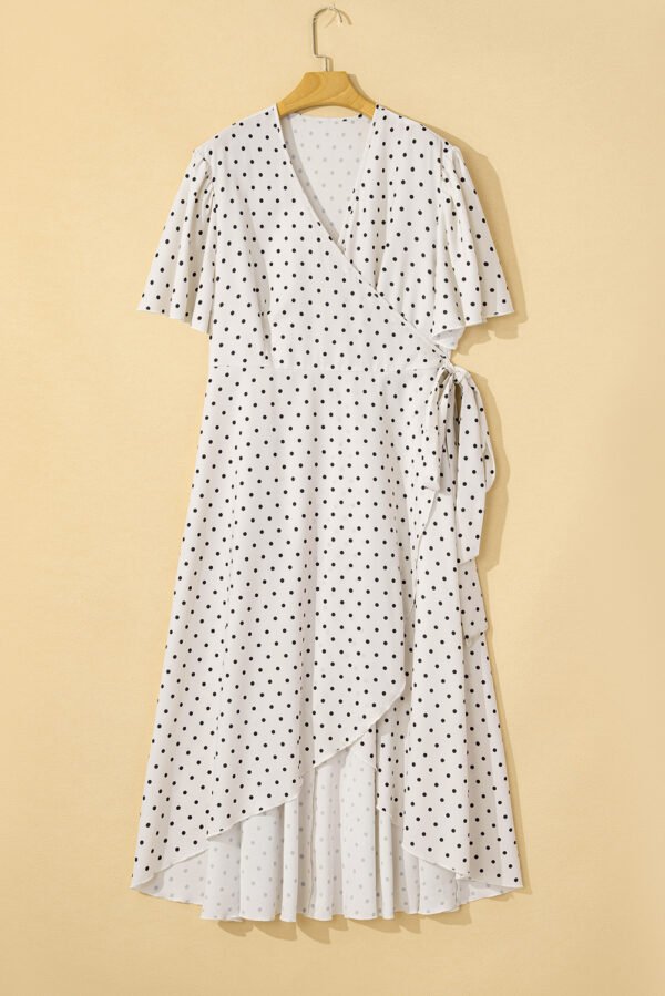 Khaki Polka Dot Surplice V Neck Tied Waist Flutter Sleeve Flowy Plus Size Midi Dress