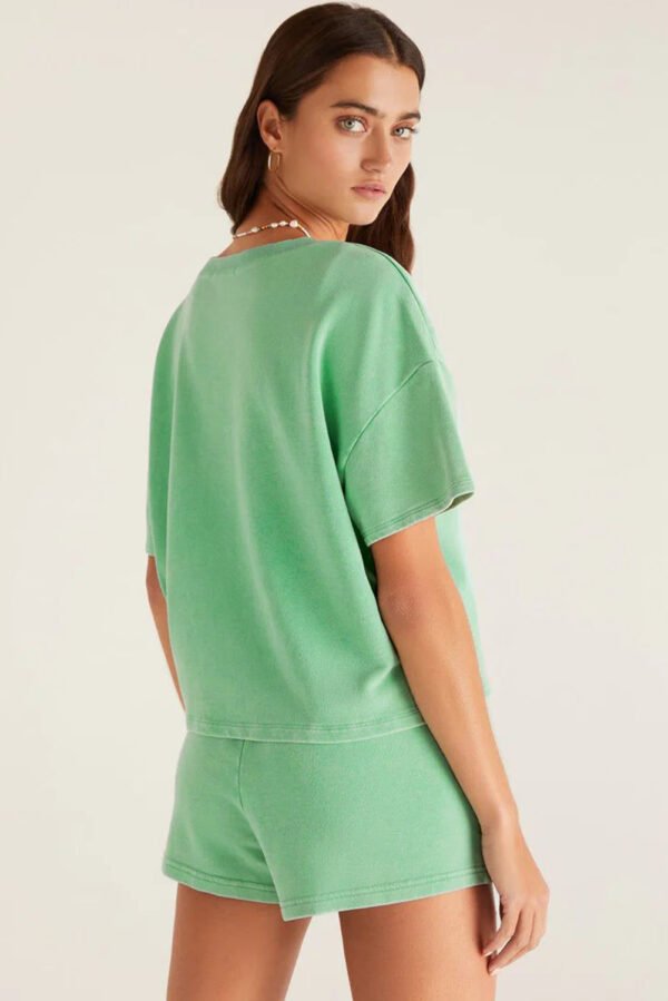 Mint Green V Neck Drop Shoulder Tee and Patchwork Drawstring Shorts Set