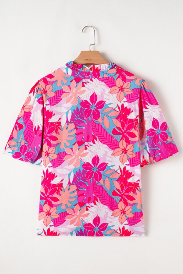 Rose Tropical Plant Printed V Neck Puff Sleeve Blouse