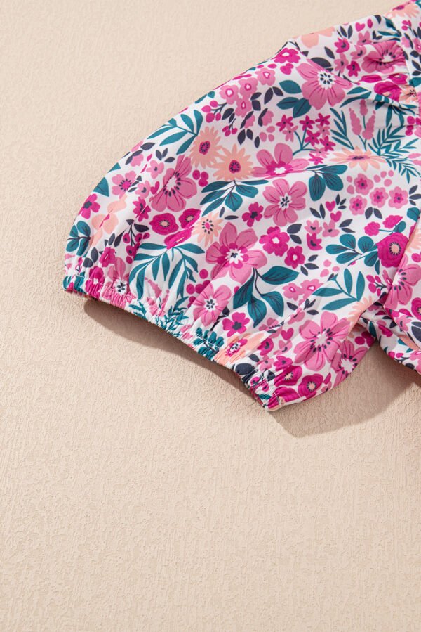 Pink Floral Collared Half Placket Short Sleeve Loose Dress