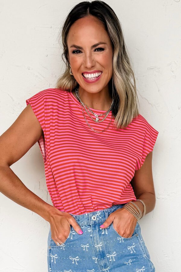 Red Stripe Ribbed Cap Sleeve Round Neck T Shirt