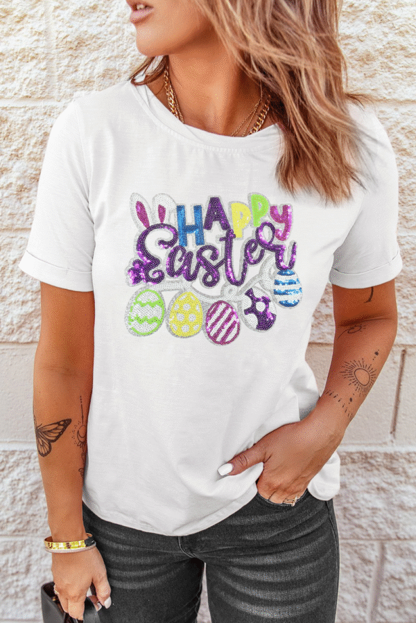 White Happy Easter Sequin Patched Casual Tee