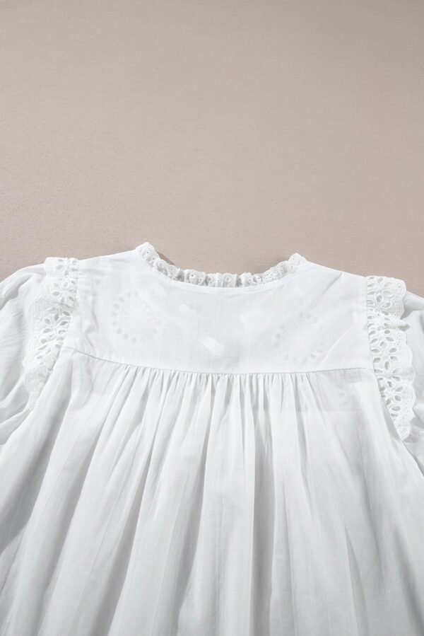 White Embroidered Lace Patchwork Tie Neck Puff Short Sleeve Blouse