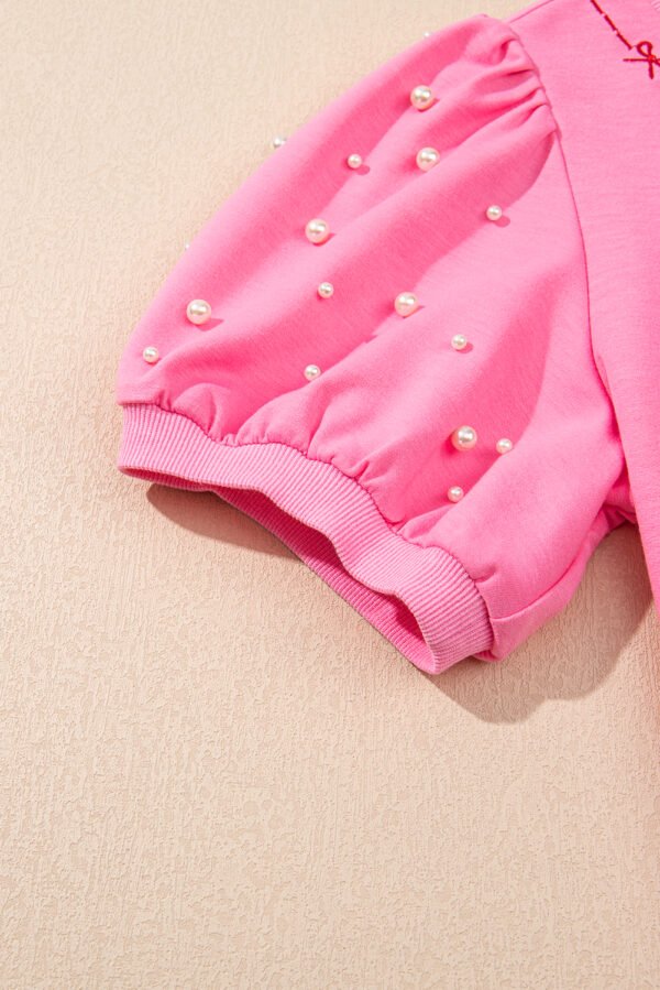 Pink Contrast Bow Trim Pearl Puff Sleeve Blouse and Skort 2pcs Set