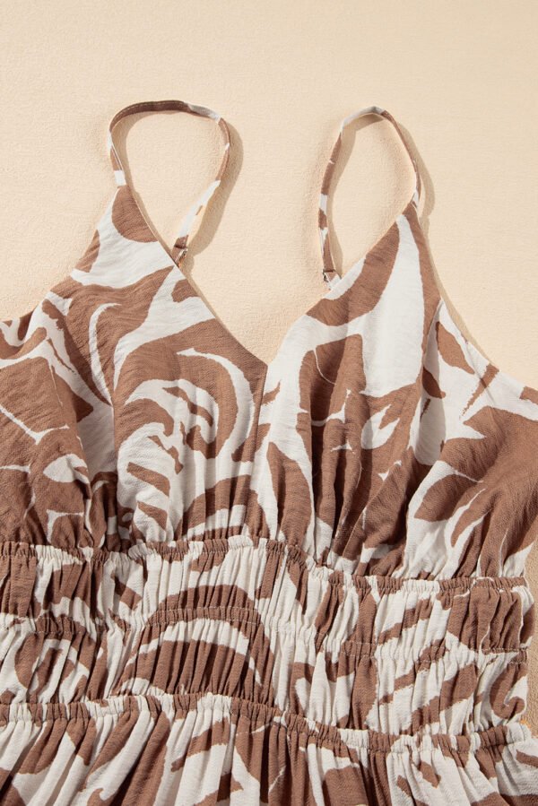 Khaki Floral Shirred High Waist Spaghetti Straps Maxi Dress