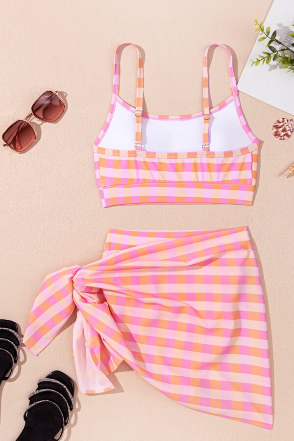 Pink 3pcs Gingham High Waist Bikini & Sarong