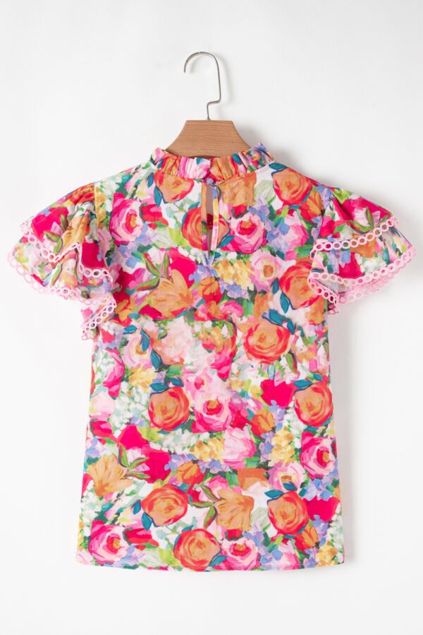 Multicolour Lace Trim Ruffle Short Sleeve Floral Blouse